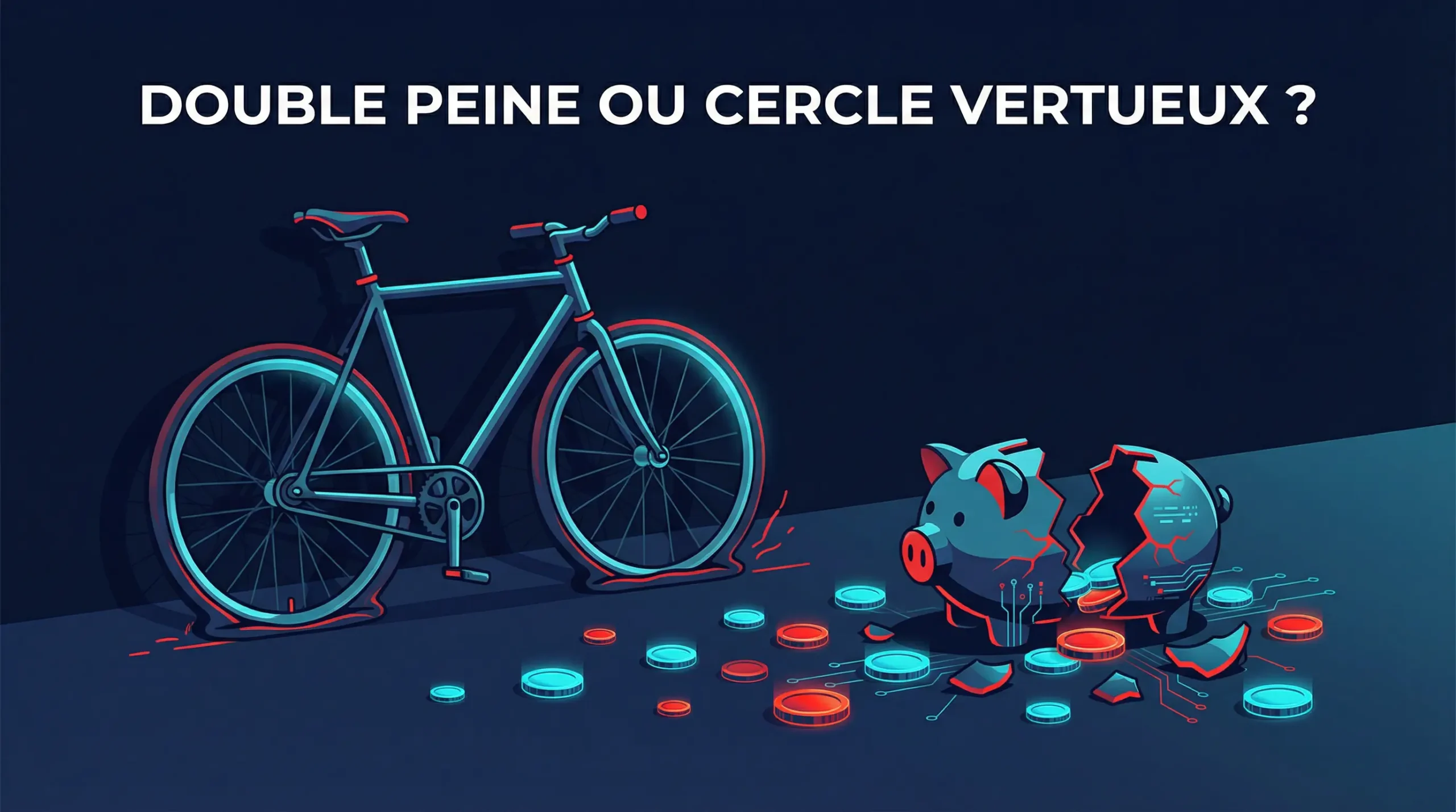 image d'un velo crevé et d'une tirelire cassé